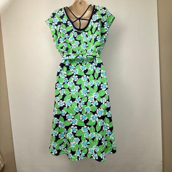T by Talbots Blue Green Hawaiian Print Dress Tie Waist Navy Trimmed Caged Back - Picture 2 of 16